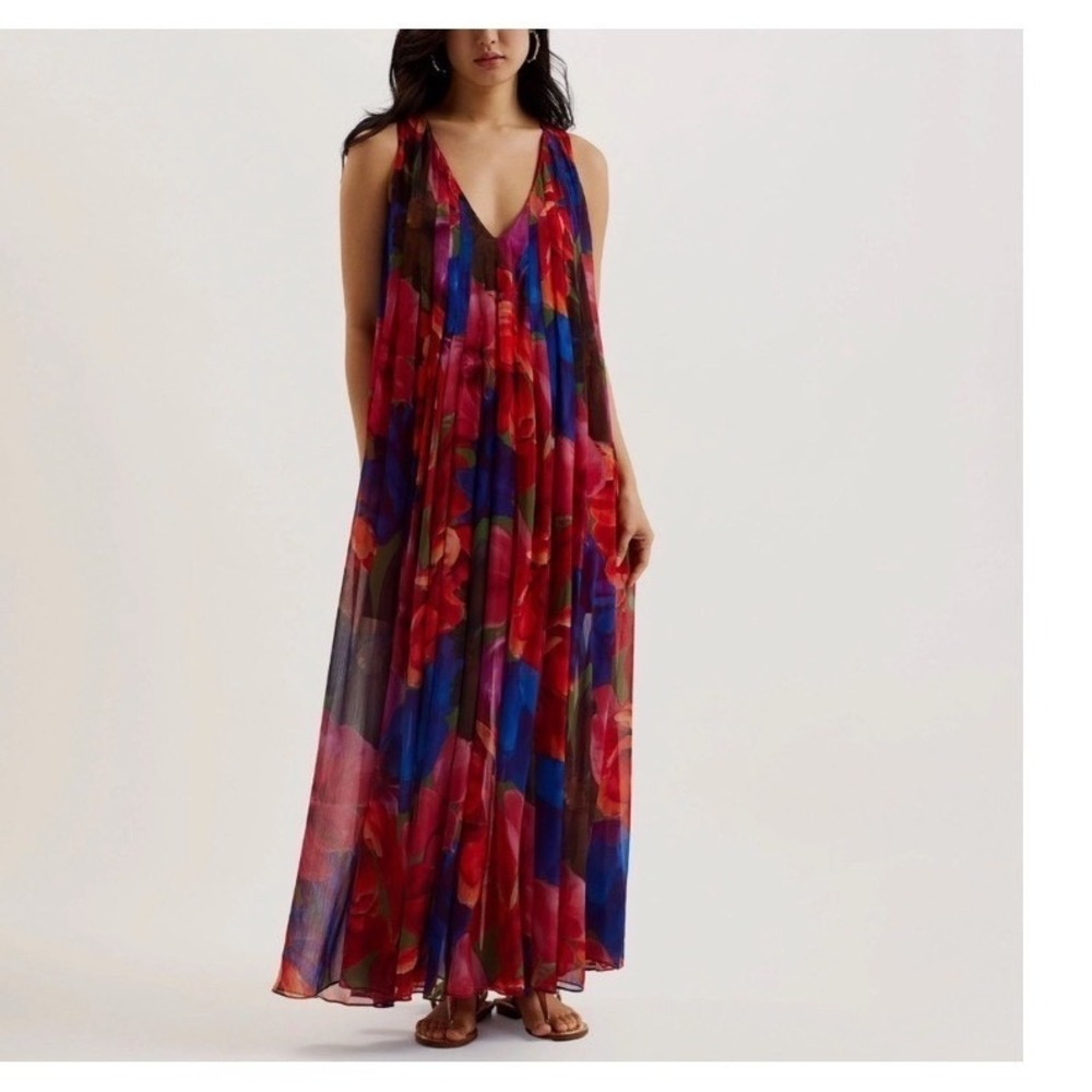 Ted Baker London Rabiusa‎ Floral Pleated Chiffon Maxi Dress Red Blue Size 2